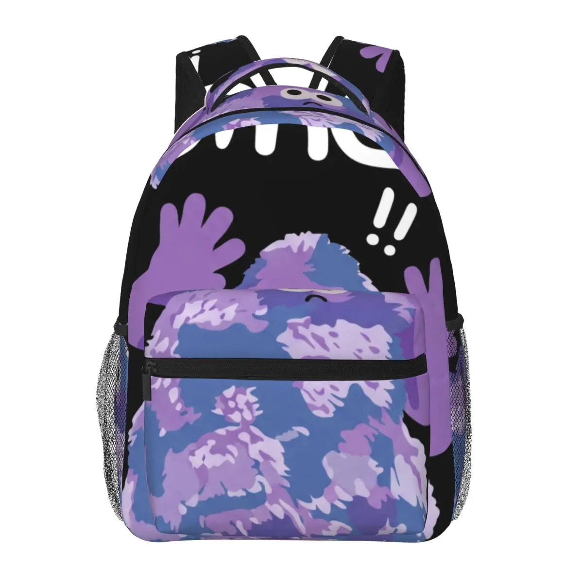 Lilac Cute Student Backpack Center Fuzzy Monster Whimsical Illustration Solid Black Purple Multi Soft Color Bookbag for Girls