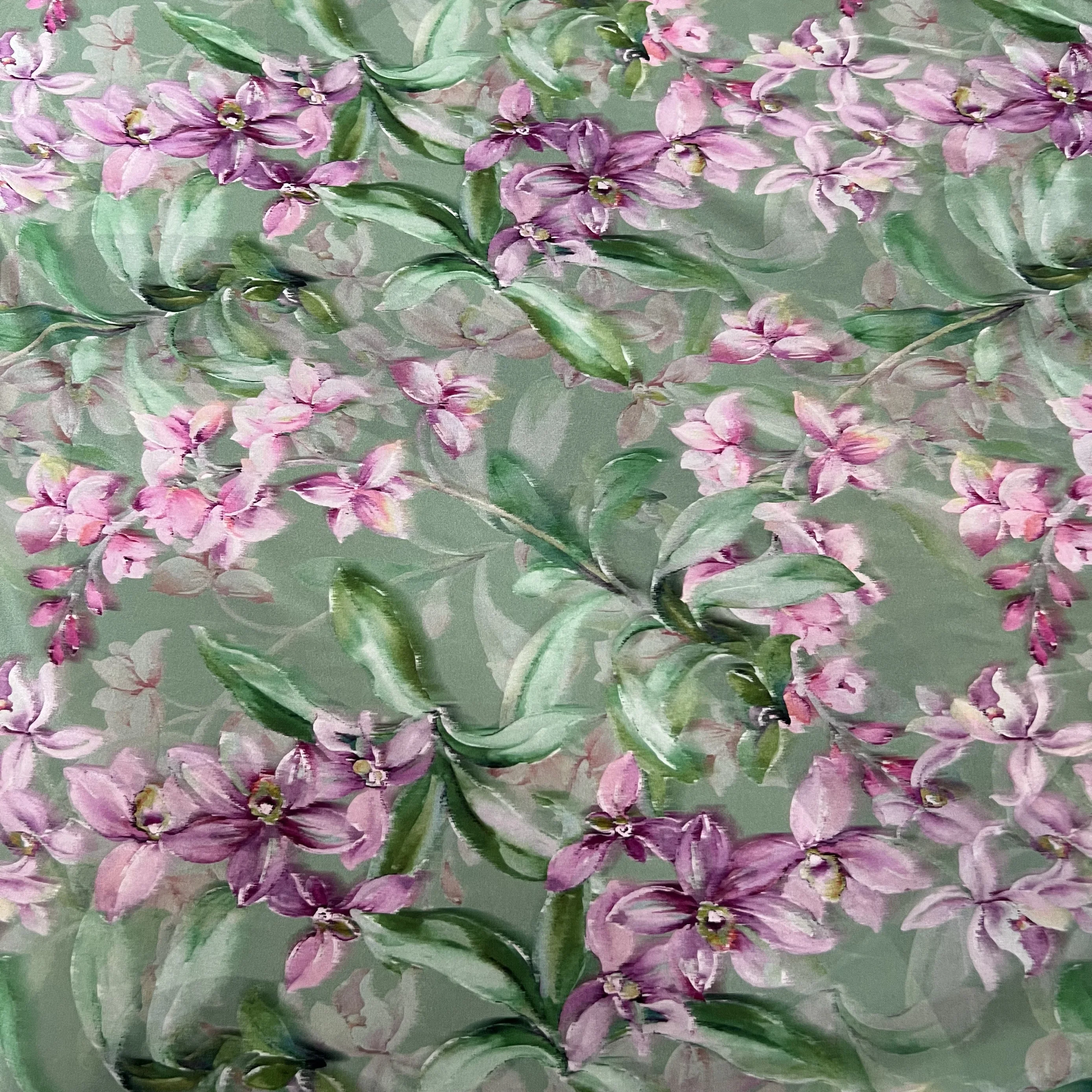 1 meter 100% Mulberry Silk 15 momme Crepe Silk Fabric Green Floral Printed 138cm 54