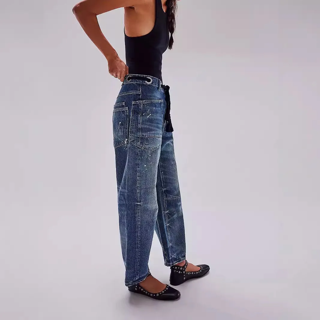 Jeans Vrouwen Denim Broek Rechte Broek Trekkoord Lange Broek Casual Losse Y2k Streetwear Knop Pocket Splice Mom Jeans 2025