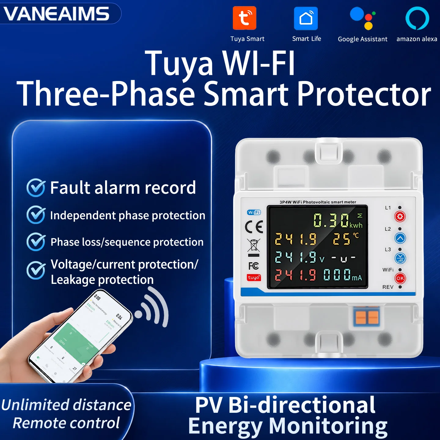 DIN Rail Tuya WiFi Smart Life Bidirectional Energy kWh Meter 100A 380V Three Phase Over Under Voltage Current Protector Relay