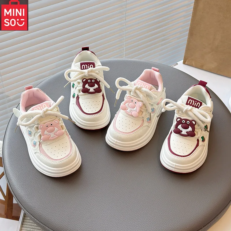 أحذية رياضية جلدية للفتيات من Miniso لربيع وخريف، نعل ناعم غير قابل للانزلاق، أحذية تزلج بيضاء للأطفال الكبار #2