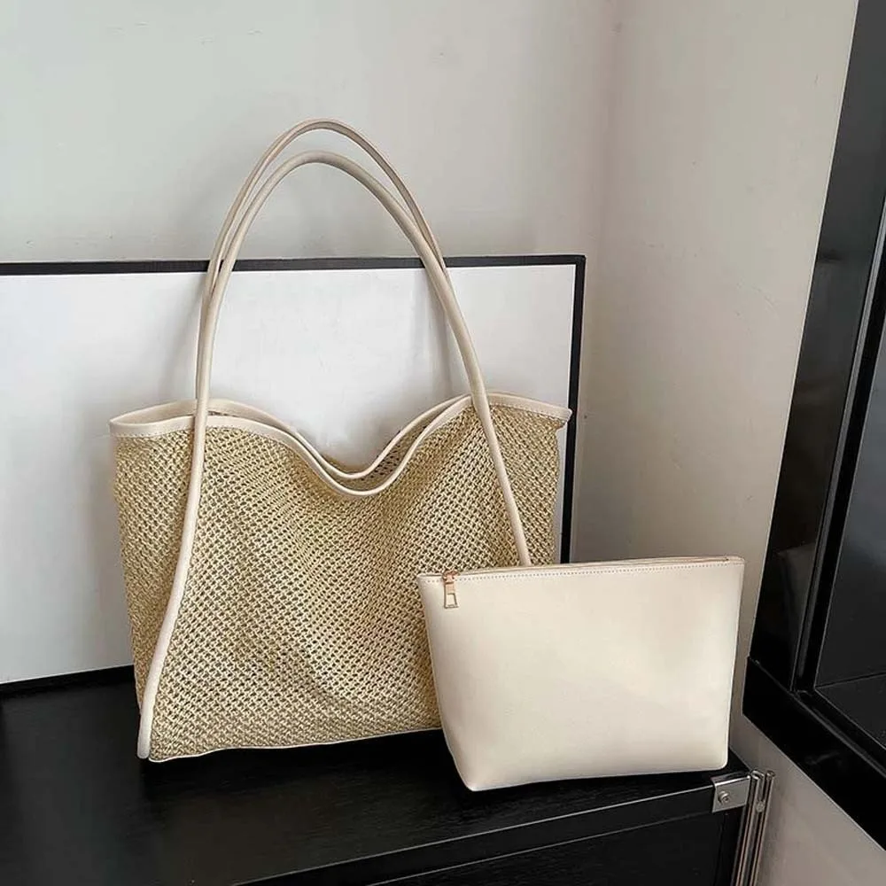 

Large Capacity Beach Hollow Composite Tote Lightweight Leather Small Pouch Straw Woven Shoulder Bag Solid Color Polyester