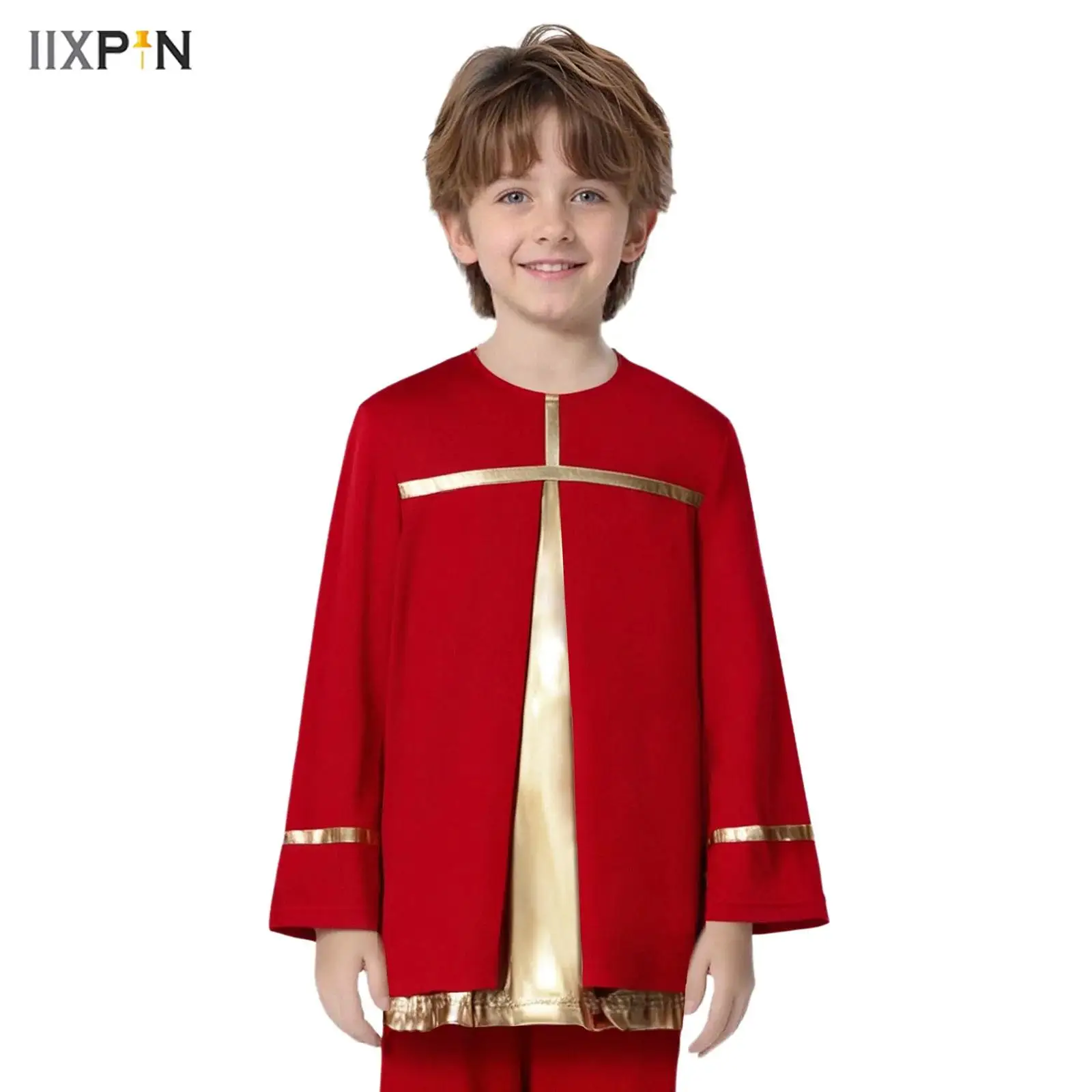 

Kids Boys Liturgical Praise Dance Costume Round Neck Long Sleeve Metallic Color Block Patchwork Blouses Top Choir Dancewear