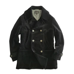 Men's Pea Coat Corduroy Mid-Length Heavyweight Double-breasted Black Military Safari Sack Suit Autumn Winter Vintage Jacket