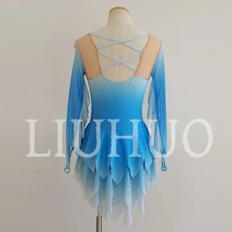 ชุดสเก็ตน้ำแข็ง LIUHUO สำหรับเด็กหญิง ผู้หญิง วัยรุ่น ผ้าสแปนเด็กซ์ยืดหยุ่น สีไล่ระดับน้ำเงิน สำหรับการแข่งขัน ขายส่ง รุ่น BD9156