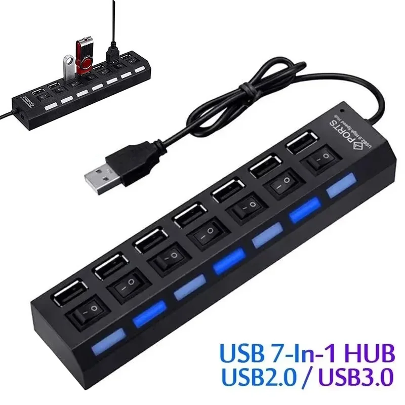USB Hub Multiple 7 Port USB Extender Splitter Adapter Separate LED Switch High Speed USB 2.0 Hub For Computer Laptop Accessories