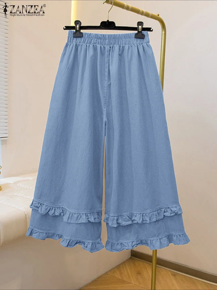 ZANZEA femmes Vintage pantalon à jambes larges 2025 automne taille haute pantalons longs décontracté taille élastique ample surdimensionné à volants Pantalons