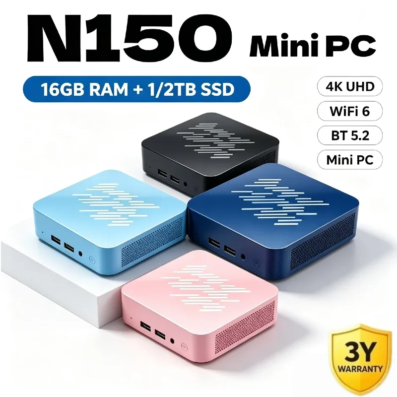 Intel Core N150 New Mini PC, Low Power Mini Host, 16GB RAM, Large SSD, WiFi 6 Bluetooth 5.2, 4K HD Output for Home Office