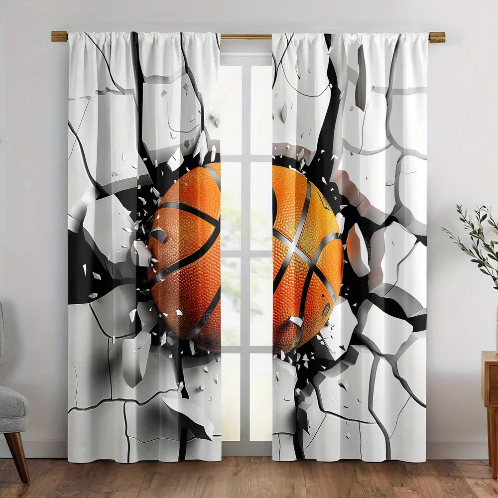 3D Basketball Curtain, Broken Wall Effect Window Drape Sports Theme Decor Gym Boy Room Textile Orange Ball Print Home Furnishing