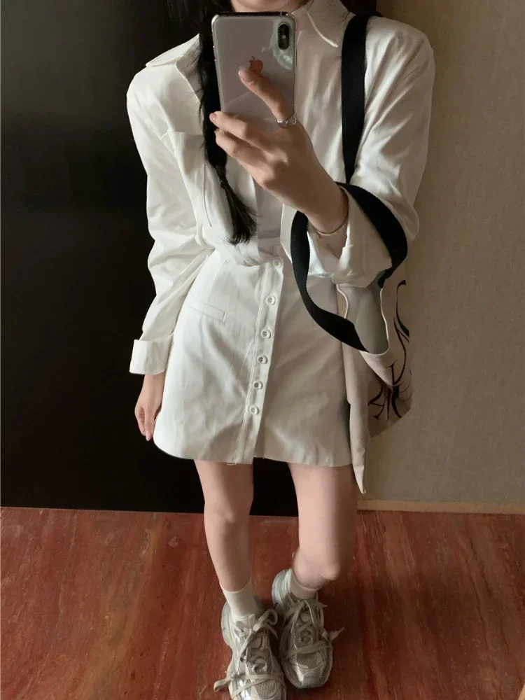 ADAgirl Elegant Polo Shirt Dress Women Long Sleeve Button Up Blouse Office Ladies Korean Fashion Slim Mini Package Hip Skirt