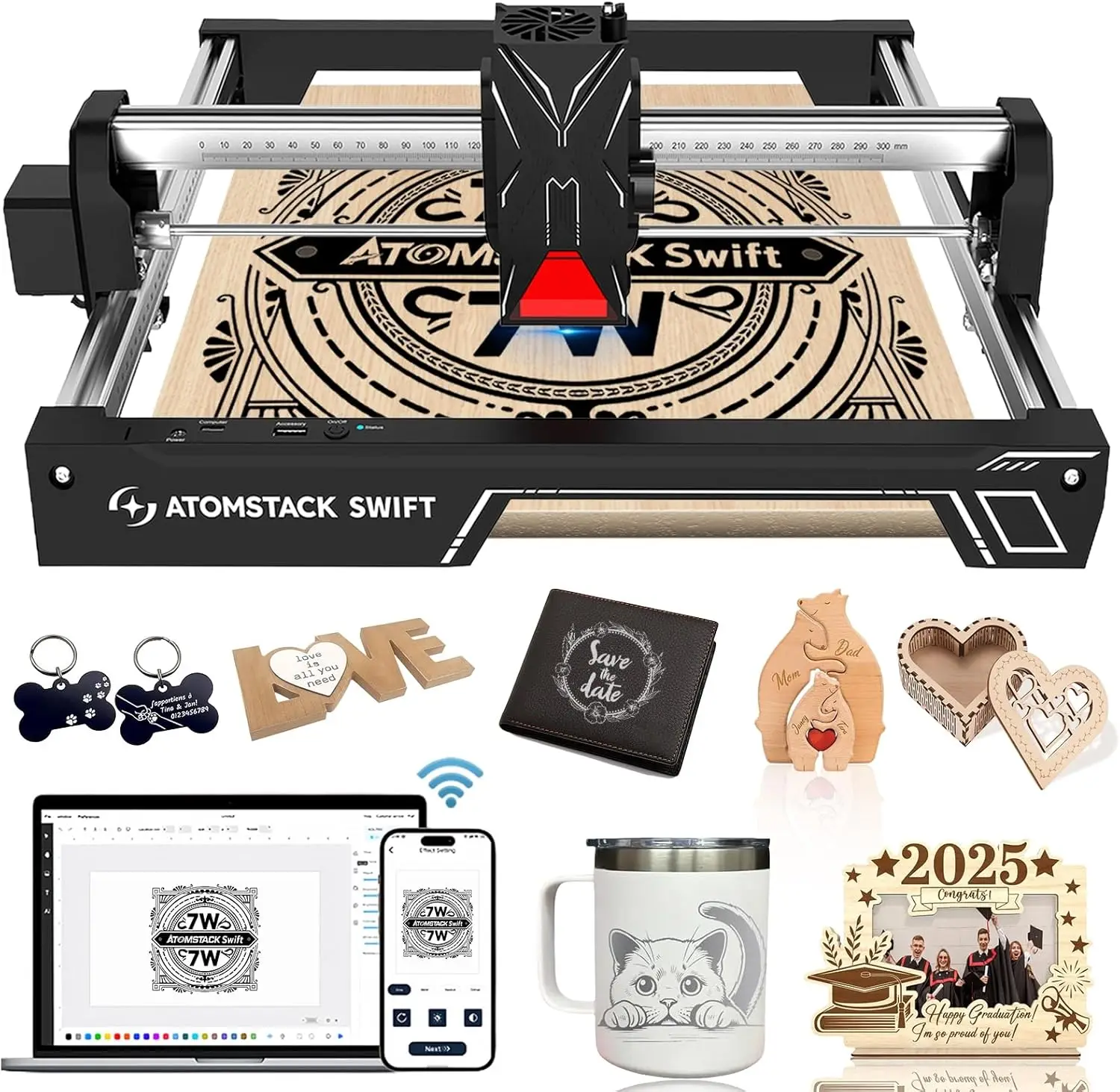 Graveur laser portable ATOMSTACK SWIFT 12W/7W, découpeuse laser CNC WiFi pour bois, acrylique, métal, cuir, fabrication de médailles pour animaux, enseignes nominatives, cadeaux de Noël et de mariage, 300x300mm