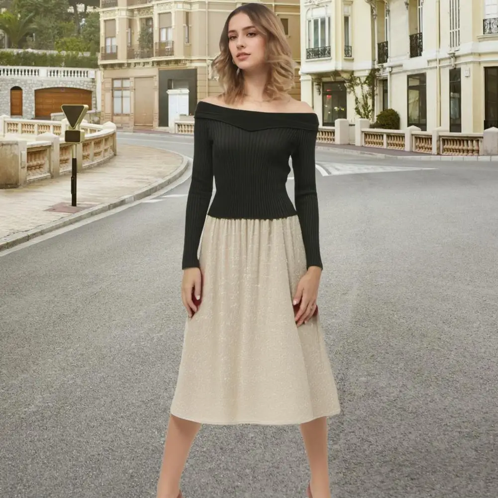 

Elastic High Waist Skirt Elegant Velvet Midi Skirt with High Waist Large Hem Women's Solid Color Mid-calf Length Skirt for Daily