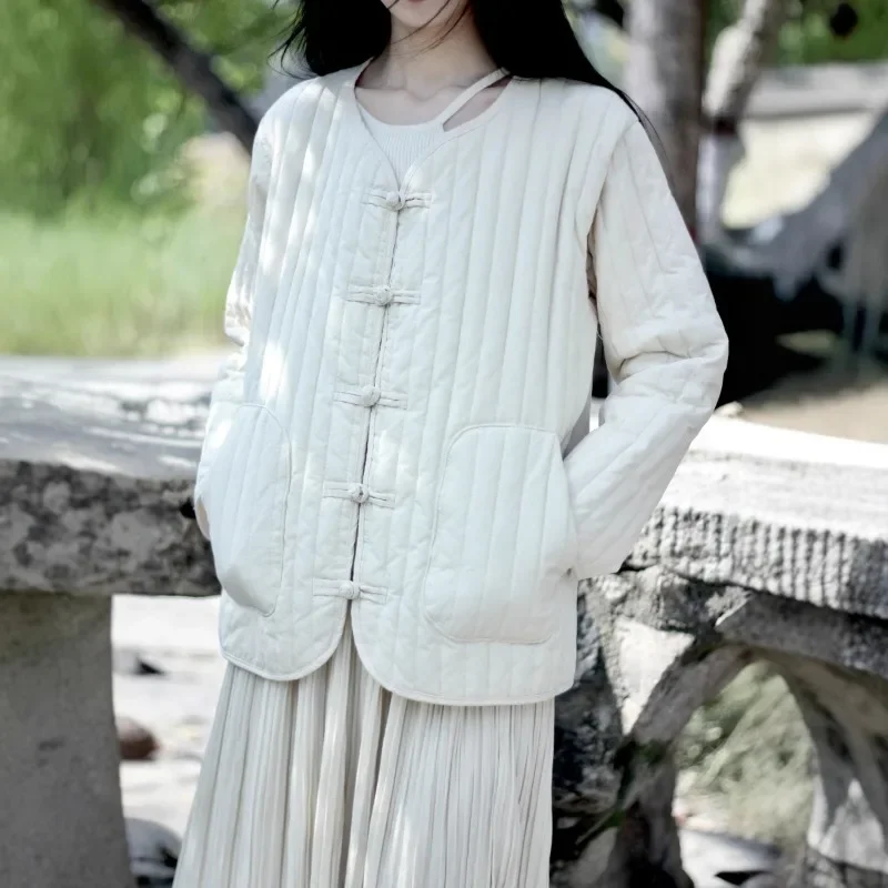 Parka à boutons de Style chinois pour femmes, col en v, manches longues, couleur unie, manteaux d'hiver, poches amples en Patchwork, nouvelle collection 2025