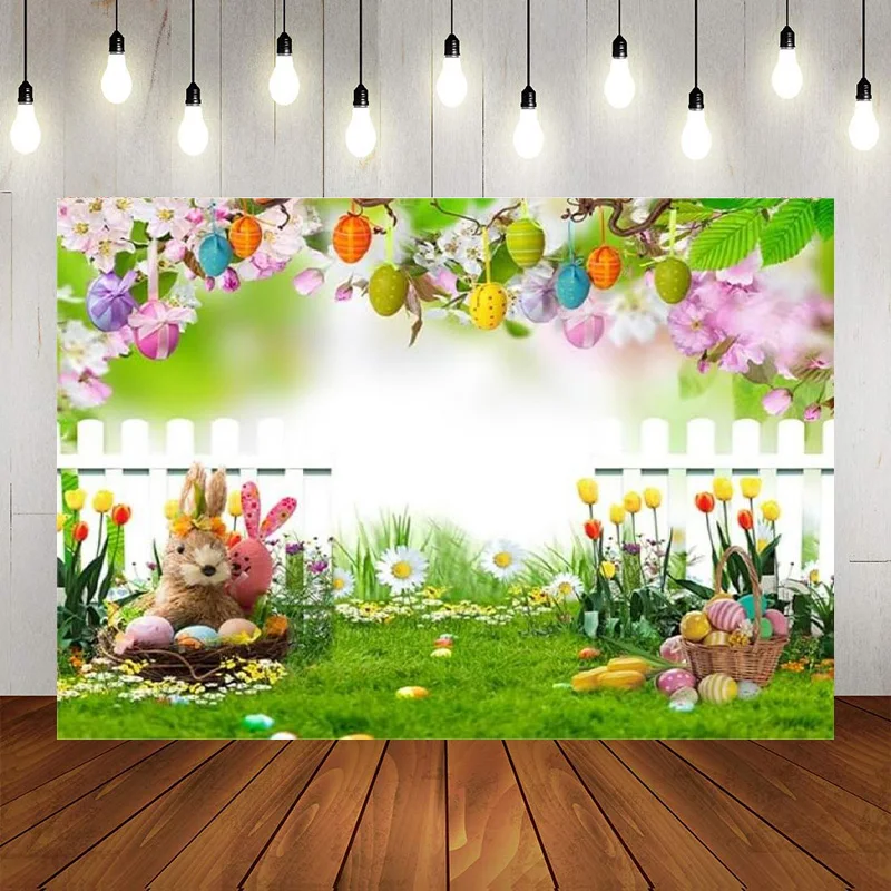 Easter Backdrop Spring Easter Garden Photography Easter Colorful Eggs Wood Fence Background Baby Children Easter Party Banner