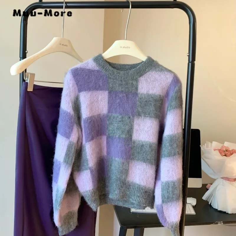 

Casual Y2K Knitting Long Sleeve Plaid Print Pullovers 2023 Winter Korean Fashion Women Chic Vintage Ladies Warm Sweater Top