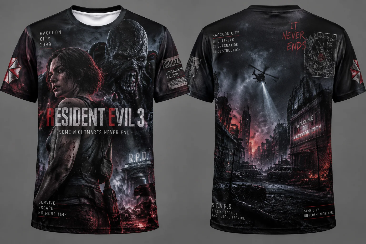 Resident Evil 3 Nemesis Graphic T-Shirt Black Red Horror Print Short Sleeve Tee