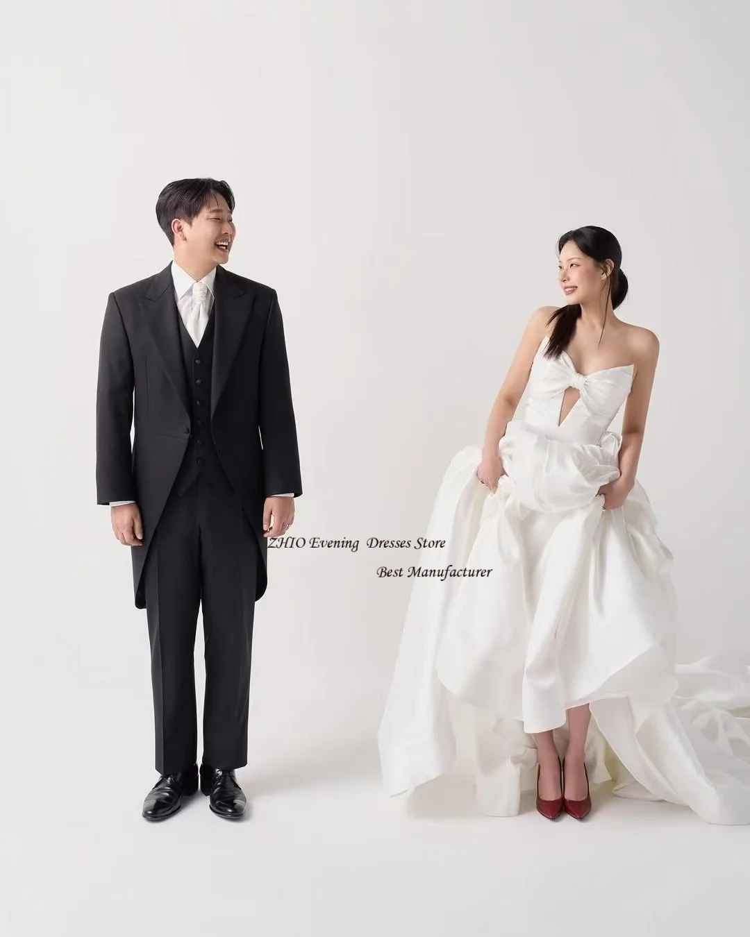 ZHIO moderne satijnen strik strapless uitgesneden Koreaanse trouwjurk fotoshoot mouwloze sweep trein formele bruidjurk op maat