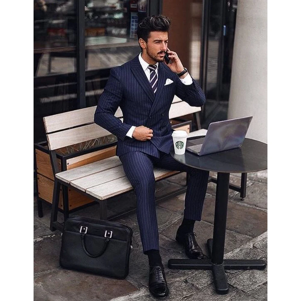 Blue Striped Men Suits Slim 2 Piece Business Causal Wedding Tuxedo Fashion Peak Lapel Double Suits for Men Blazer with Pants