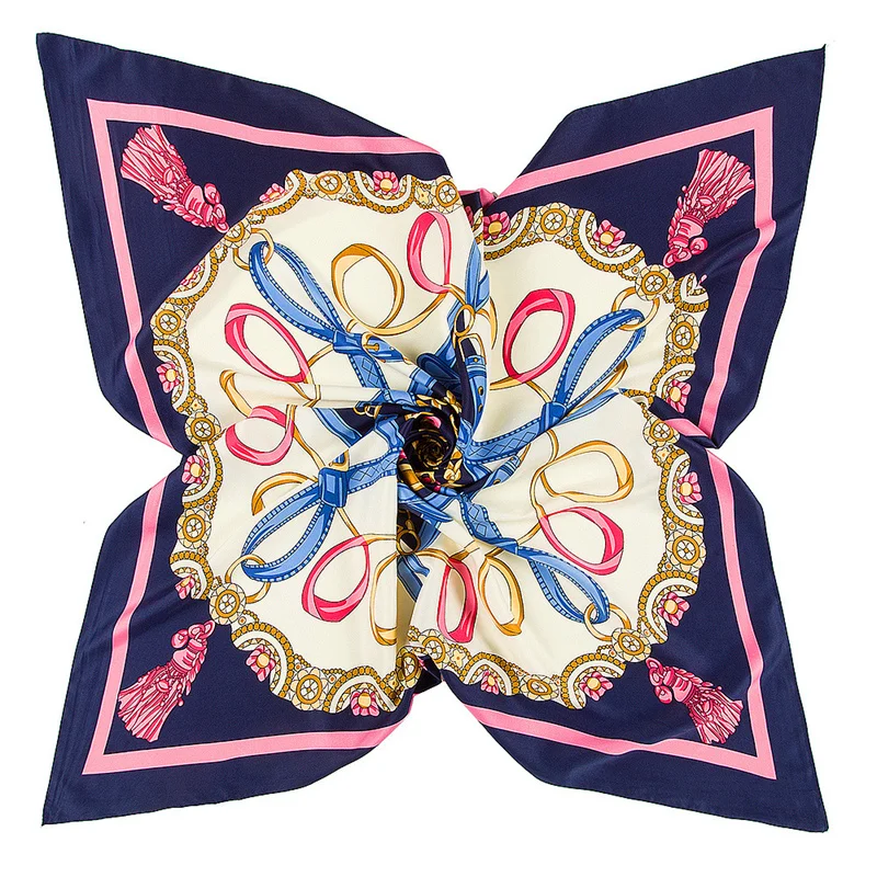 POBING Silk Scarf Women Large Shawls Belt Chain Print Square Bandana Luxury NecKerchief Muslim Hijab Scarf Female Foulards 130CM