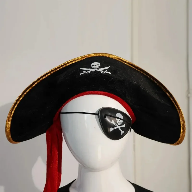 ss13Piraten Kapitän Cosplay Kostüm Kinder Schwarz Weiß Gestreiften Tops Hosen Hut Gürtel Eyeshade Anzug Karibik Piraten Rolle Spielen Hallowe