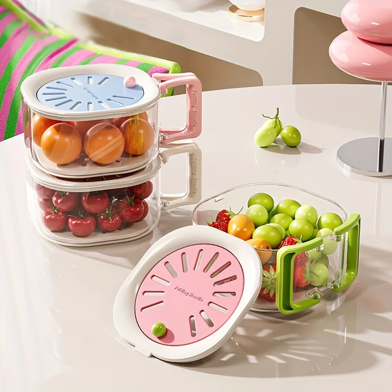 2-in-1 Double Layer Drain Basket, Fruit Drainer Container with Foldable Handle, Multi-Functional Food Strainer
