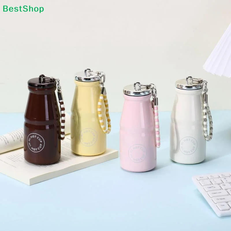 280ML Stainless Steel Milk Coffee Cup Leak Proof With Hanging Chain Macaron Color Insulated Pocket Water Bottle