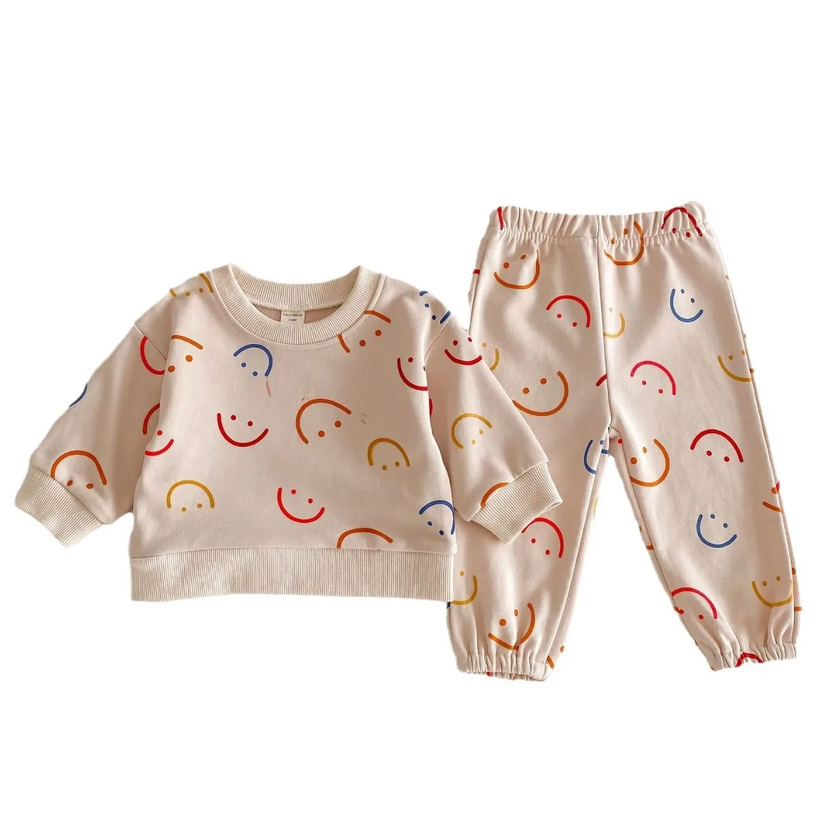 Korean Style Baby Spring Autumn Outfit: Cute Smiling Face Sweatshirt+Pants Set for Kids Boys Girls, Long Sleeve Two-Piece Suit