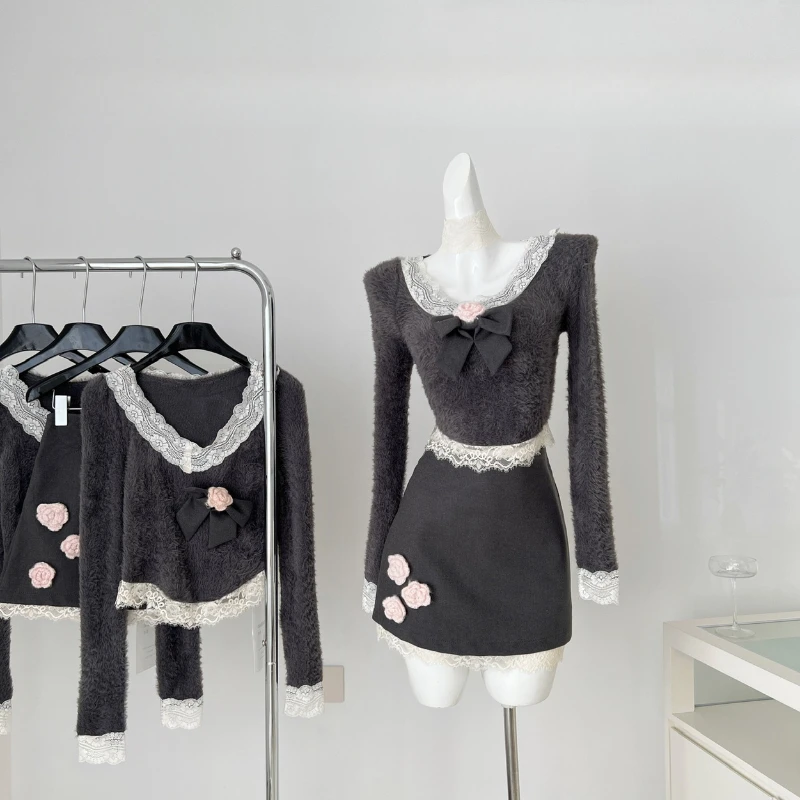 

Spring Women Korean Fashion 2 Piece Set Long Sleeve Coquette Fluffy Tops + Mini Grey High Waist Skirts 2025 Women Chic Clothes