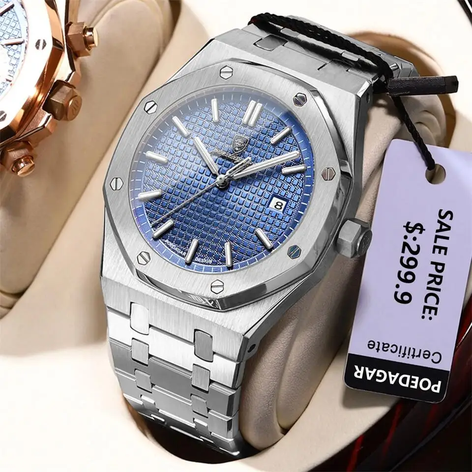 

POEDAGAR Luxury Square Man Quartz Watch Waterproof Luminous Date Men's Watch High Quality Stainless Steel Business Men Watches