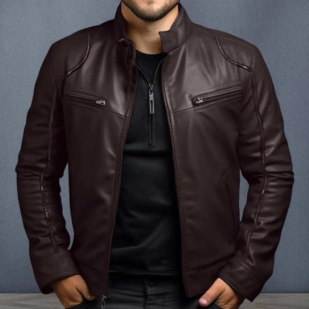 Men Faux Leather Jacket Stand Collar Long Sleeve Coat With Pockets Solid Color Zipper Placket Loose Fit Outwear Daily Wear