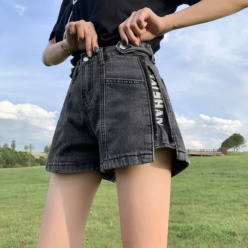 Women Summer Korean New High Waist Denim Shorts Fashion Trend Side Zipper Button Pocket Splicing Loose Versatile Wide Leg Pants