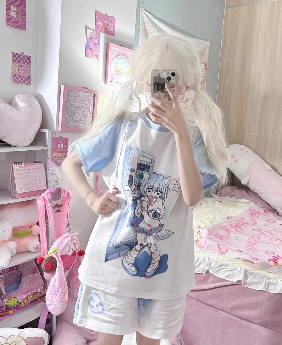 Subculture Japanese T-shirts Women Short Sleeve Printed Sexy Tees Outwear Kawaii Clothing Printed Blouse Y2k Tops Chic Harajuku
