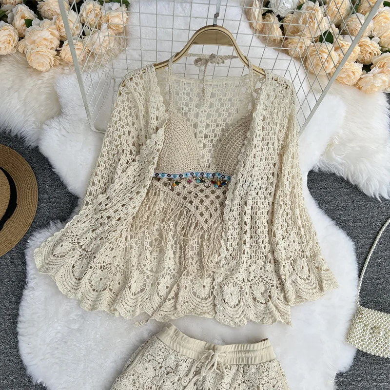 summer holiday women seaside crochet sets sexy women camis shorts cardigan sets femme padded camis sets