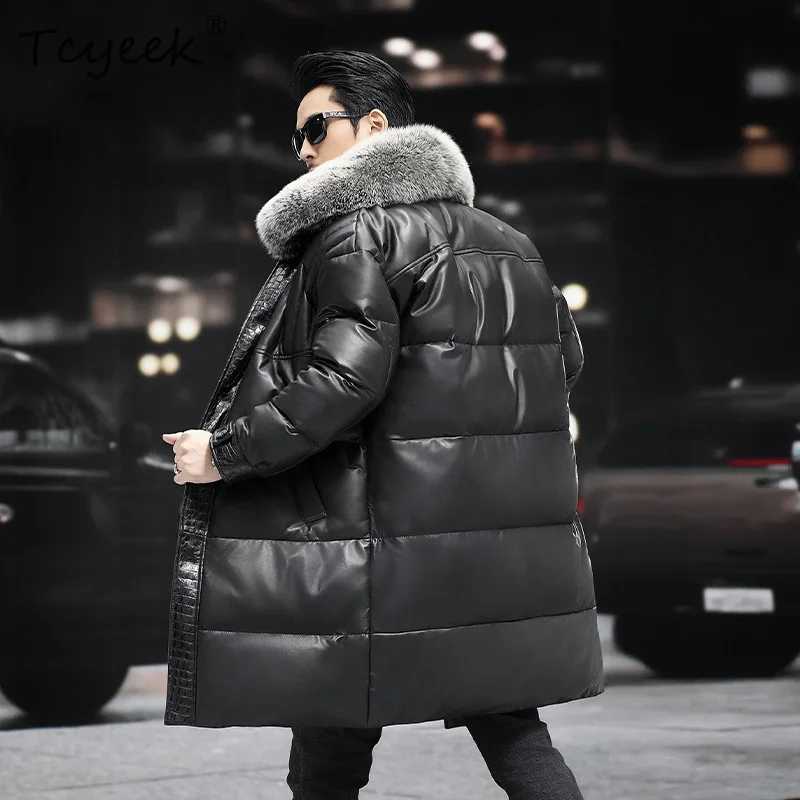 Tcyeek Real Sheepskin Jacket for Men Fox Fur Collar Goose Down Long Down Jacket Crocodile Grain Mens Winter Coats 2026 Chaquetas