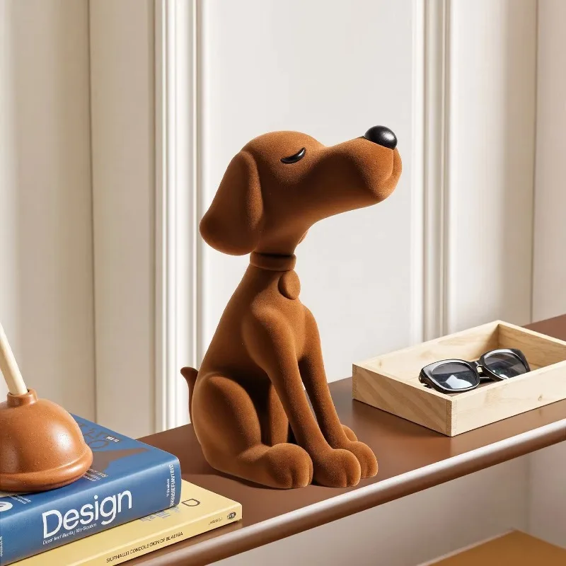 Sitting Hound Animal Figurine Collar Pendant Detail Soft Uniform Brown Surface Office Entryway Tabletop Decor Craft Closed Eye
