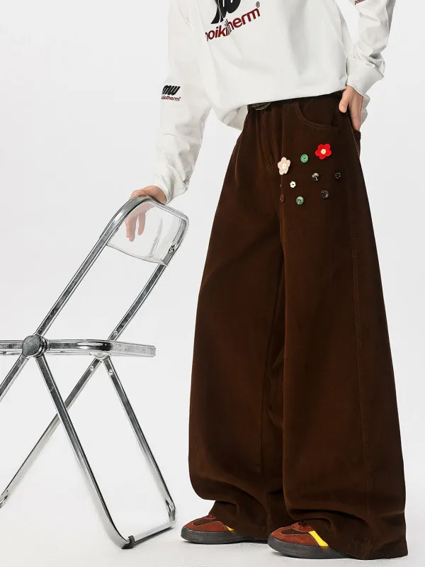 

TANGZ STUDIO American Sle Floral Embroidery Men's Casual Pants Vintage Button Design Micro Flare High Street Cotton Trousers