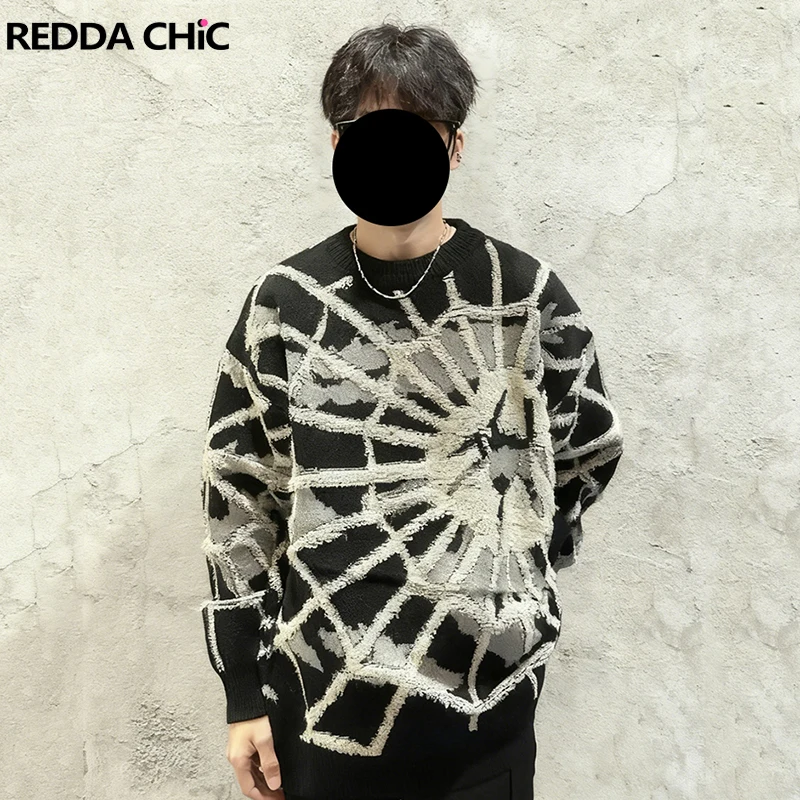 

REDDACHIC Vintage Men's Spider Web Knit Sweater Black Long Sleeves Crew Neck Oversize Warm Jumper Top Casual Hip Hop Clothes