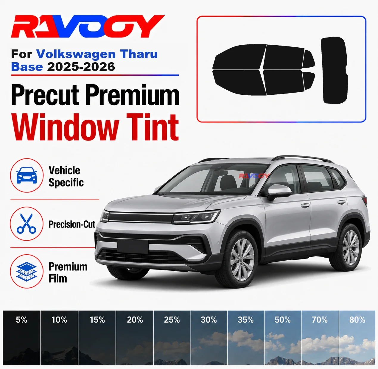 

Premium Precut Window Tint Kit Front Windows Rear Windows Rear Windshield For Volkswagen Tharu Base 2025-2026 Nano Ceramic Film
