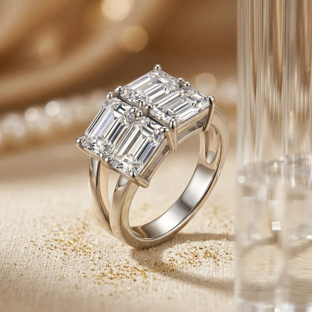 S925 Sterling Silver 5X8mm Emerald Cut Moissanite Ring D VVS1 Multi Stone Split Shank Double Band Women Promise Party Jewelry