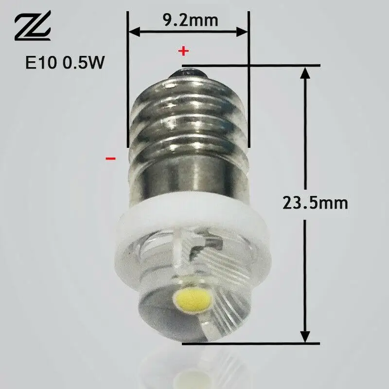 Lâmpada LED de substituição para tocha, soquete E10, branco, 6000K, 3,4, 5,6 V, 0,5 W