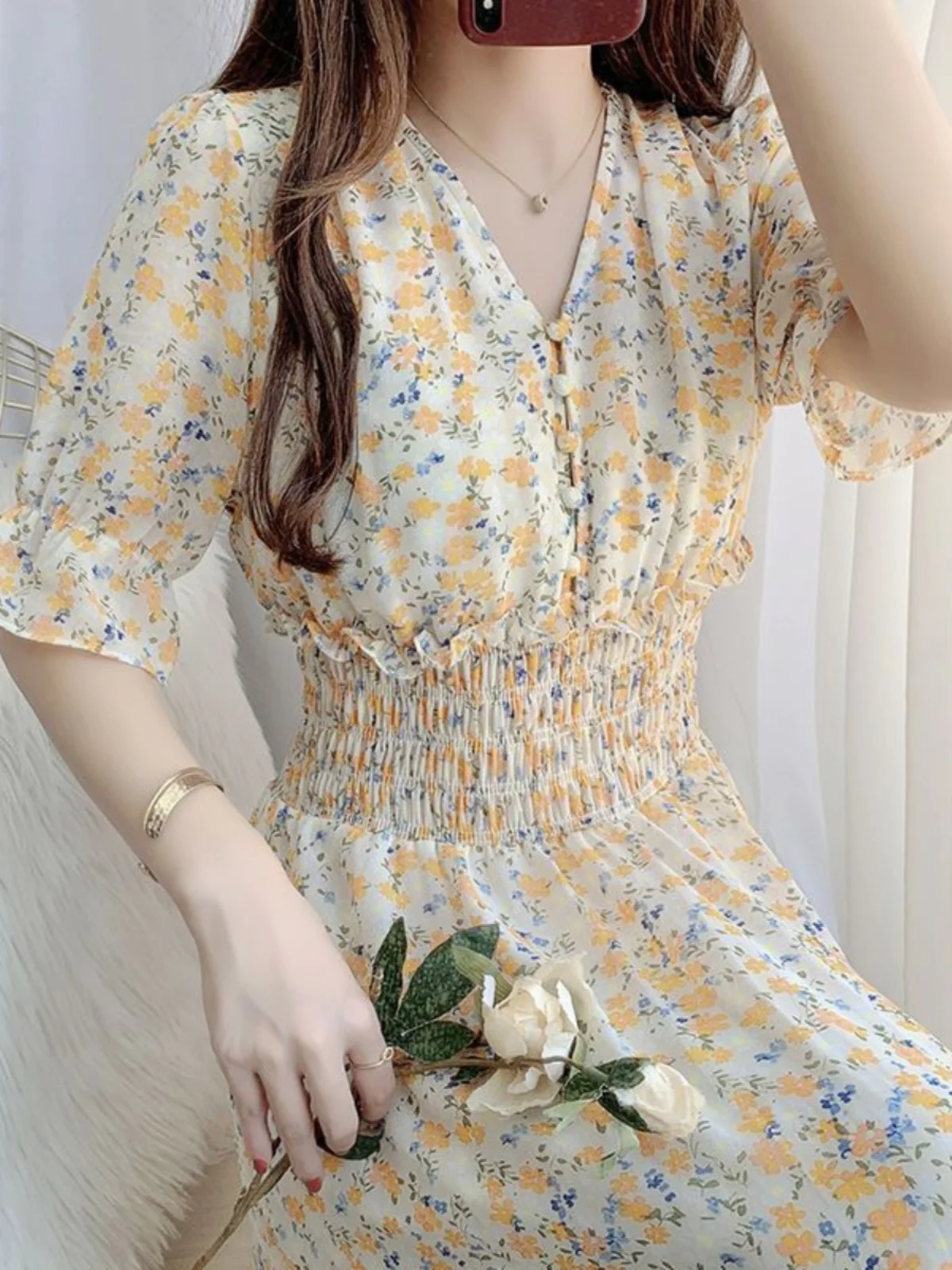 花柄シフォンドレス-夏服-韓国風-ウエスト絞り-着痩せ効果のあるエイジレス-vネック-ツーピースセット-フェアリースカート-半袖