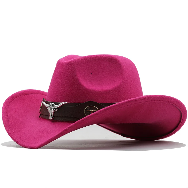 Simple Wome Men Red Wool Chapeu Western Cowboy Hat Gentleman Jazz Sombrero Hombre Cap Dad Cowgirl Hats Size 56-58cm