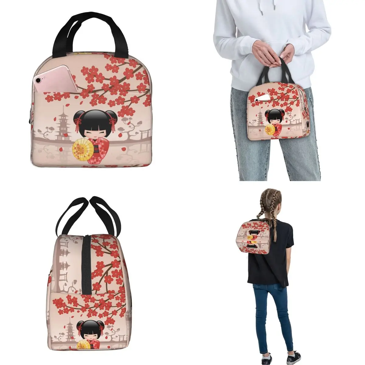 Fiambrera térmica japonesa Keiko Kokeshi para niñas, bolsa de almuerzo con aislamiento, diseño bonito, Kimono, Geisha, fiambrera térmica