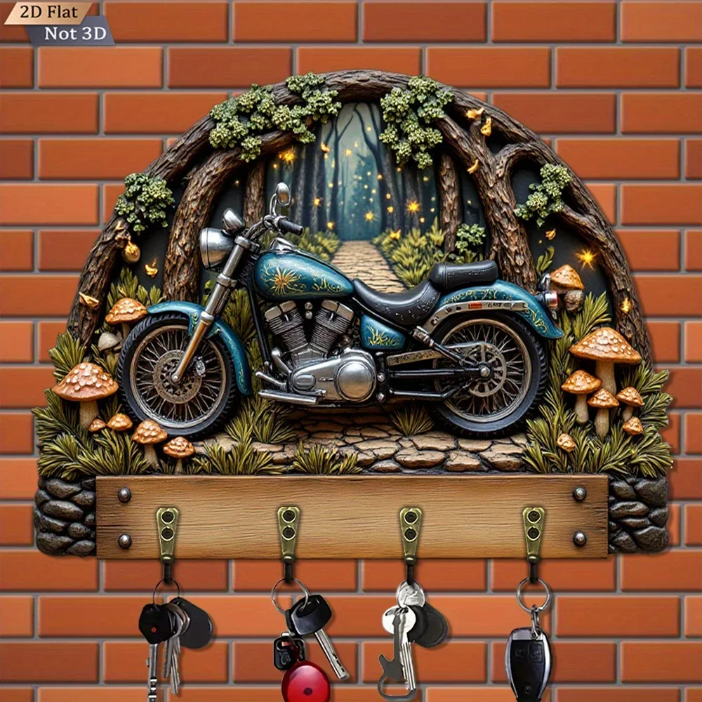 2D Flat, 1pc, Forest Motorcycle-shaped Key Hook, Wooden Multi-functional Home Key Hanger, with four metal hooks, wall
