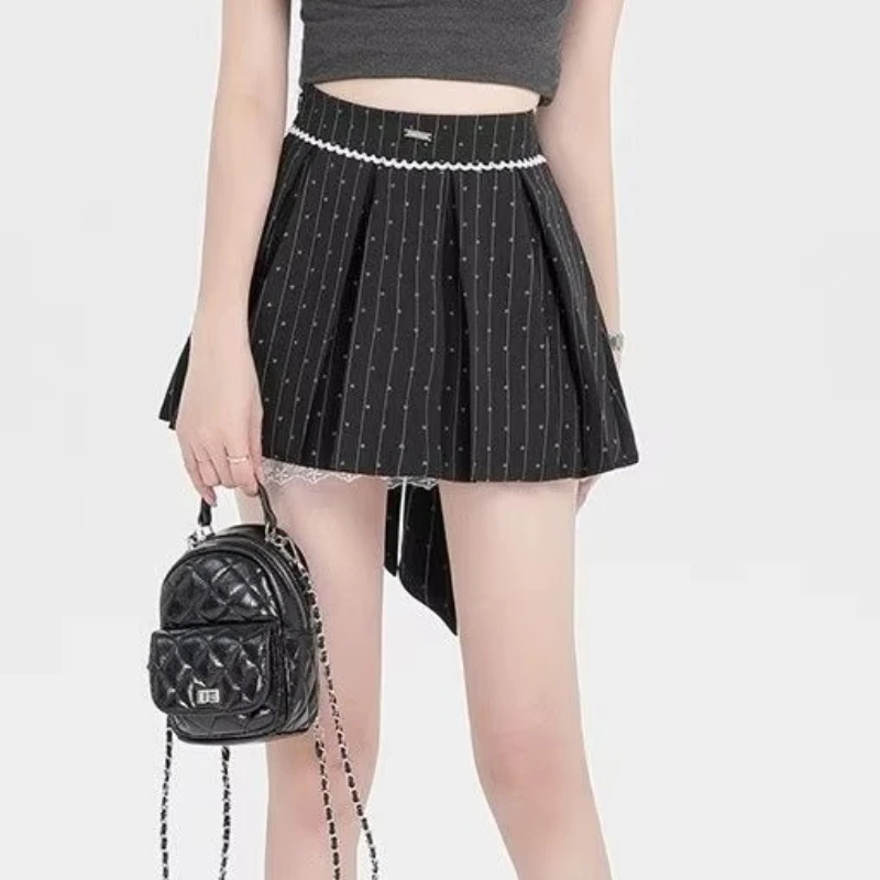 Summer Y2k Gray Pleated Mini Skirt Women Sexy Bow A-line Wrap Slim Preppy Style Skirt Fashion Chic Lace Streetwear Clothing New