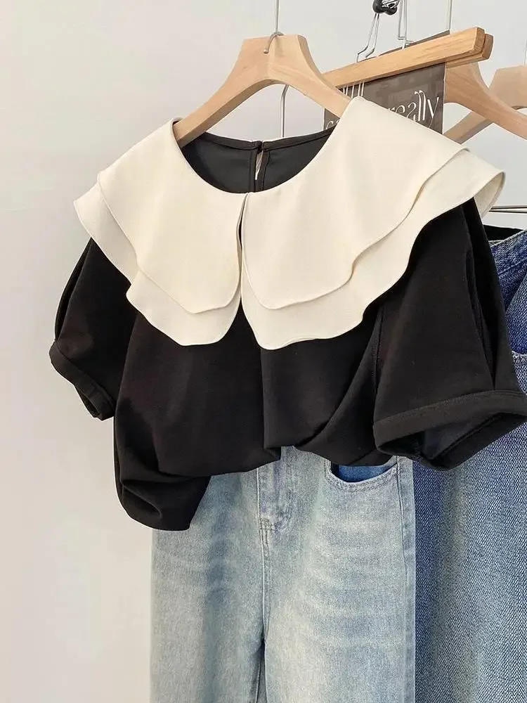 Moda verão peter pan colarinho elegante camisas de manga curta feminina solta estilo francês retalhos fino topos blusa feminina