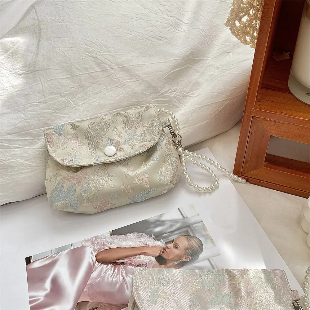 素敵な刺繍ボタン小銭入れパールキーリング軽量小さな口紅バッグ甘い蝶中国風収納バッグデイリー