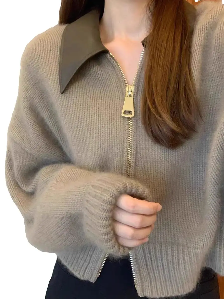 트렌디한 스플라이스 가죽 칼라 더블 지퍼 니트 스웨터 여성용 가을 겨울 신상 슬레 엘리 탑 코트 단색