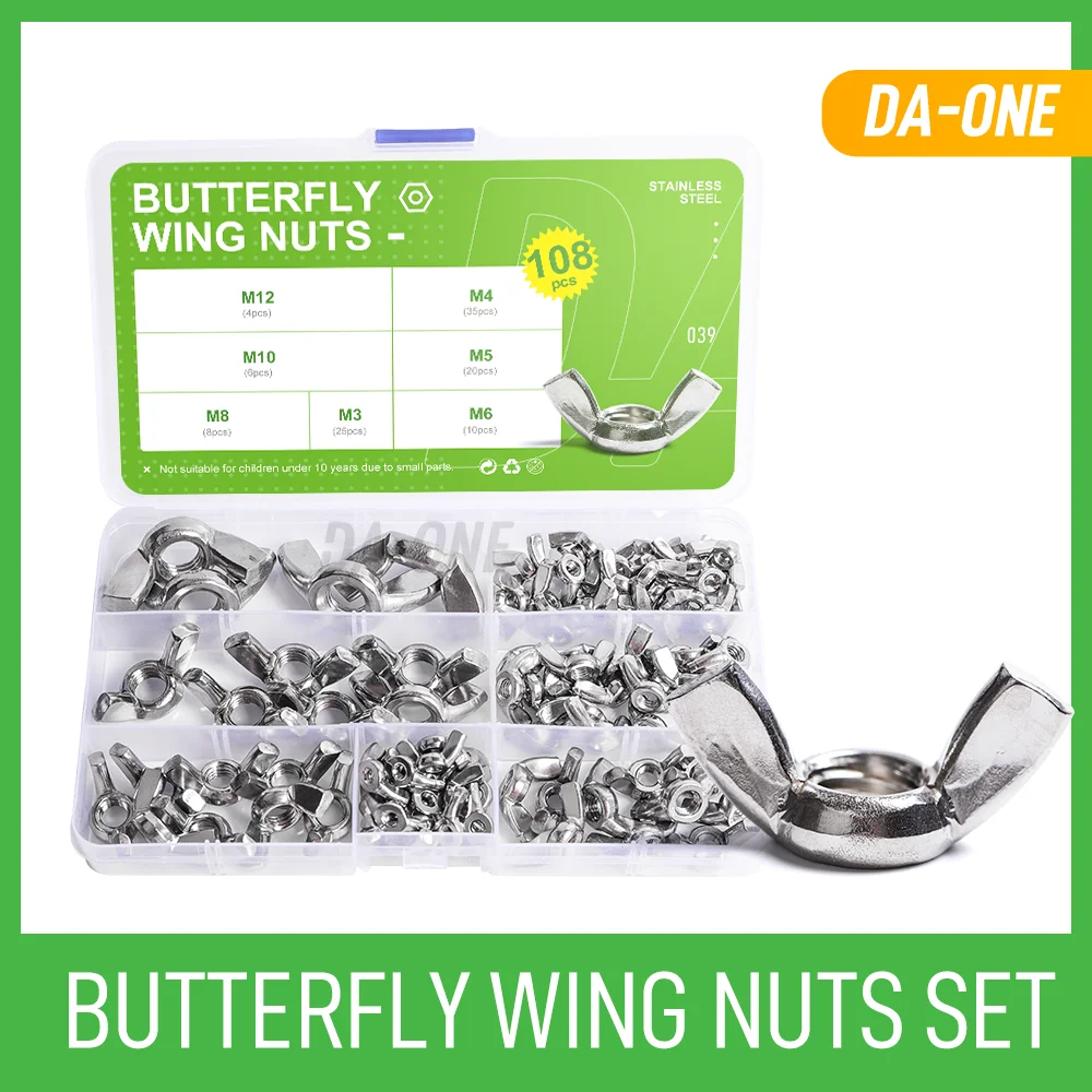 

108 Pcs Wing Butterfly Handle Nuts Assortment Kit M2 M3 M4 M5 M6 M8 M10 M12 304 Stainless Steel Zinc Plated Thumb Wingnuts Set