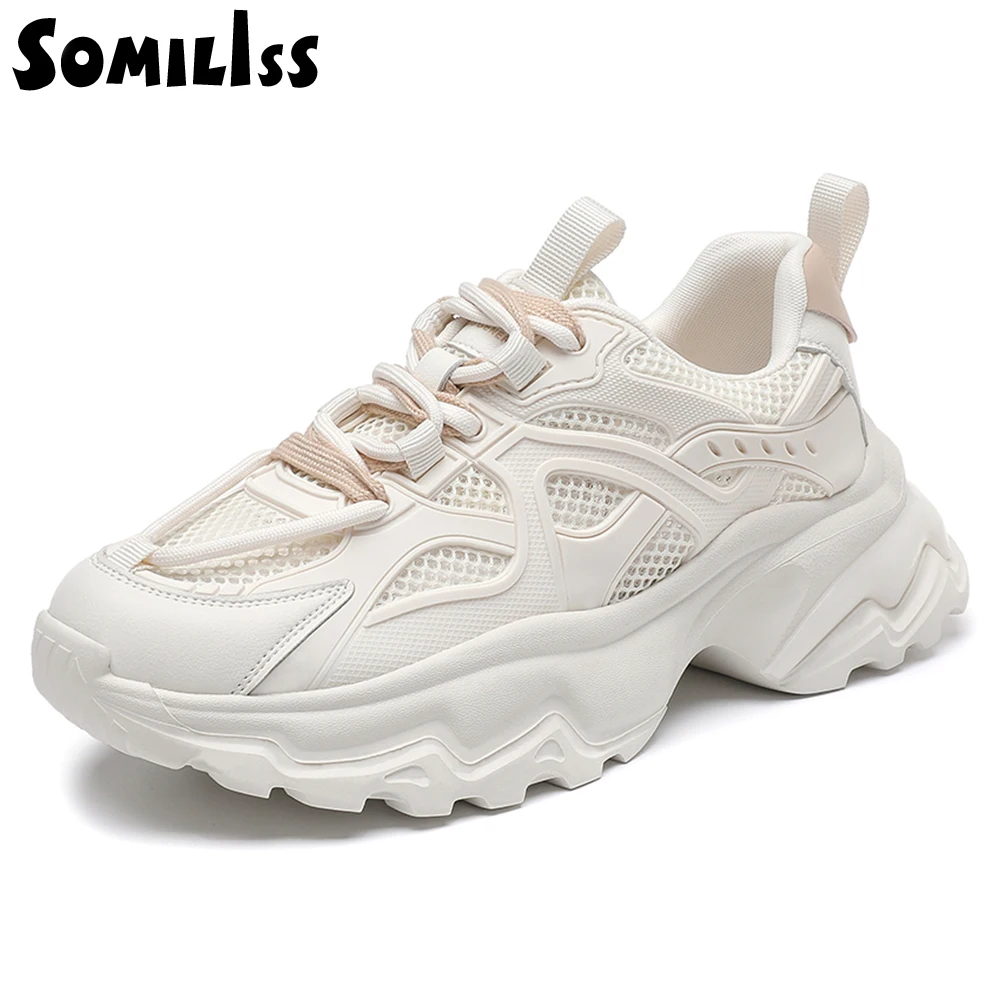 SOMILISS Women Platform Chunky Sneakers Genuine Leather Mesh Lace Up Round Toe Breathable Ladies Casual Sneaker Shoes Handmade